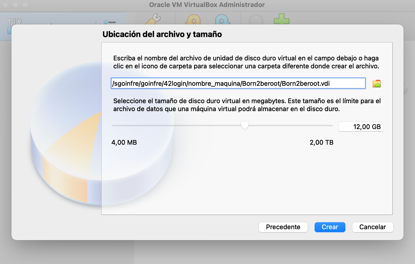 Storage size selection of the virtual machine